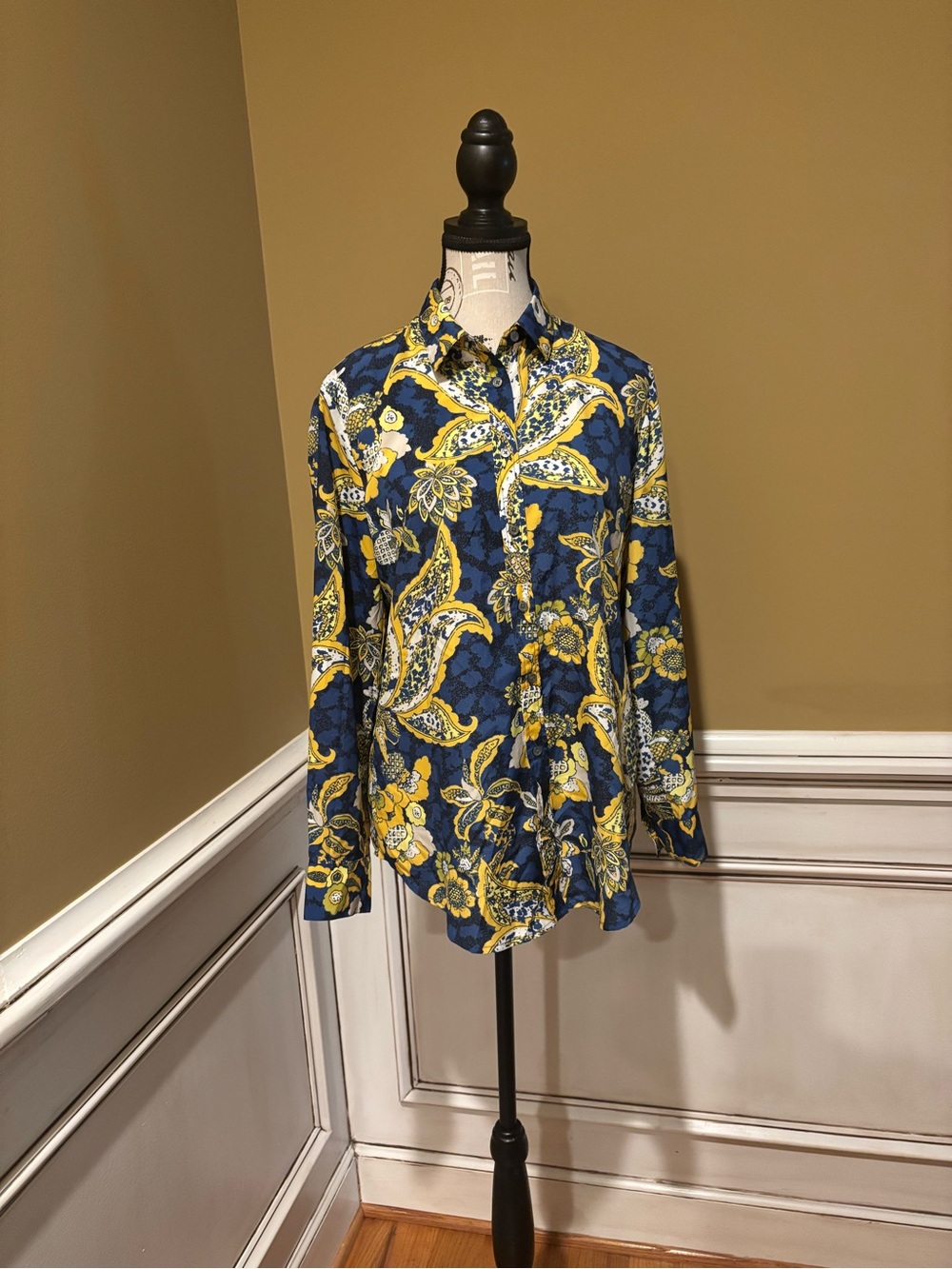 Banana Republic Silk Navy & Yellow Floral Button-Down Shirt